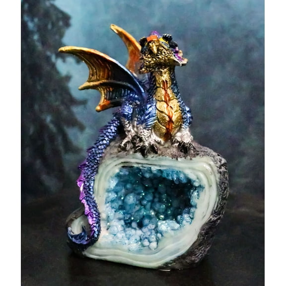 Metallic Blue Iridescent Wyrmling Dragon On Faux Geode Crystal Rock Figurine