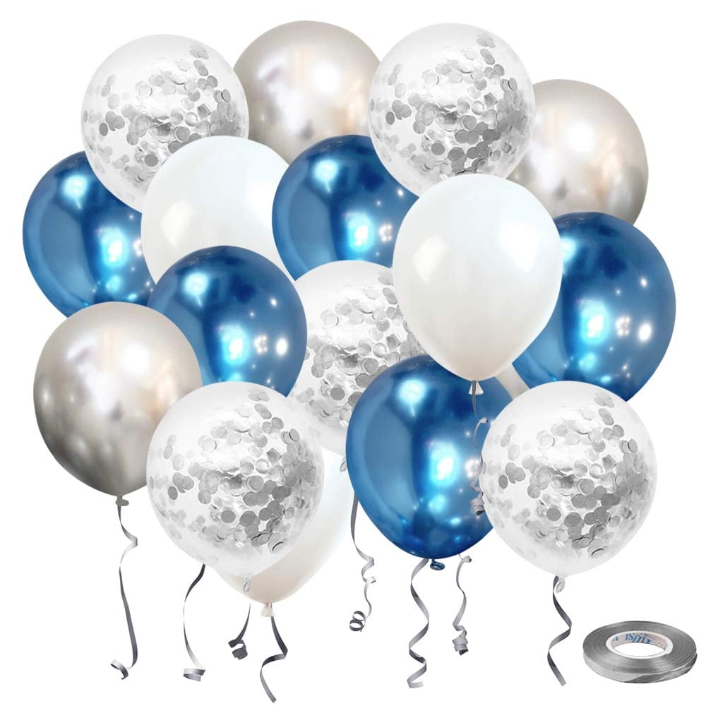 Metallic Blue and Silver Confetti Latex Balloons, Nesus 50 pcs 12 inch ...