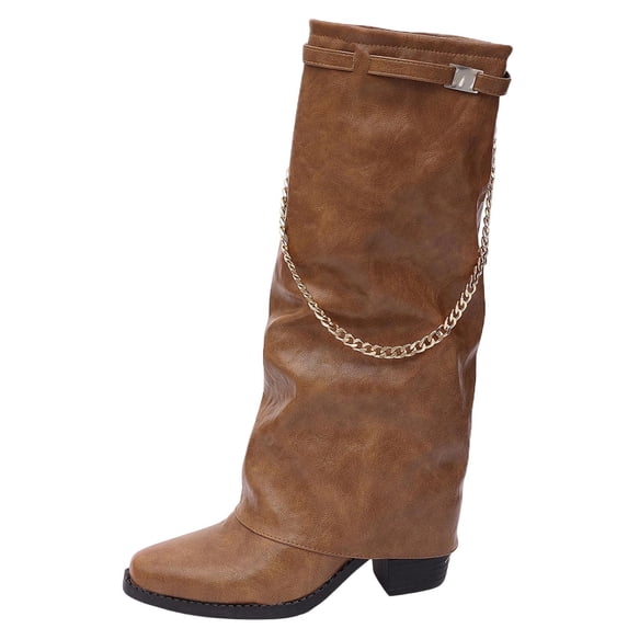 Metallic Chain Pleated Western Cowboy Boots Pointed Toe Thick Heel Over Knee Style Everyday Fashion Show Stopping Nights Women Mid Calf