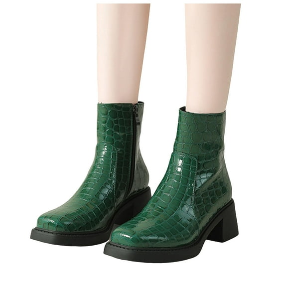 Metallic Chelsea Boots for Women 2025 Fashion Snakeskin Leather Square Toe Chunky Lugs Mid Calf Ankle Booties