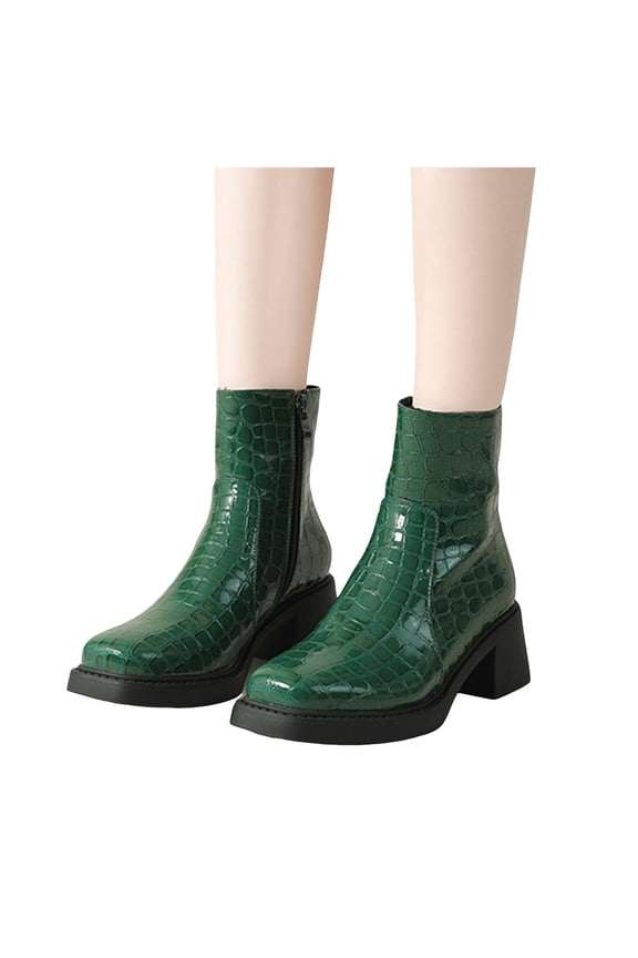 Metallic Chelsea Boots for Women 2025 Fashion Snakeskin Leather Square Toe Chunky Lugs Mid Calf Ankle Booties