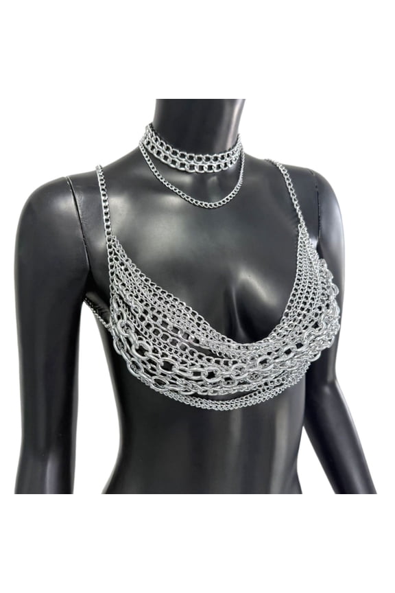 Metallic Chest Chain Body Jewelry Cool Punk Theme Necklace For Concerts Rave Outfit Women Beach Wear Accessories
