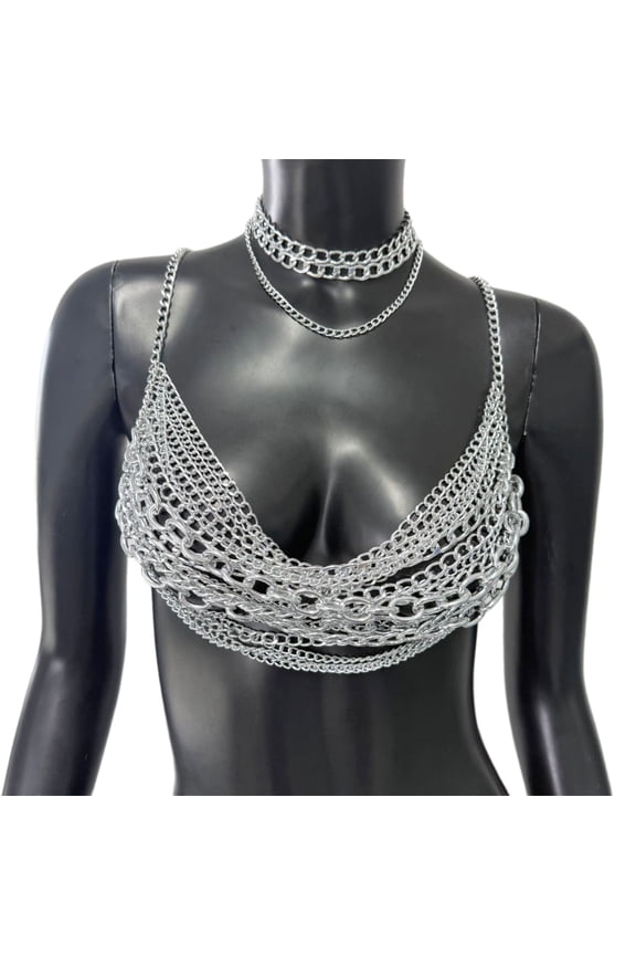 Metallic Chest Chain Body Jewelry Cool Punk Theme Necklace For Concerts Rave Outfit Women Beach Wear Accessories