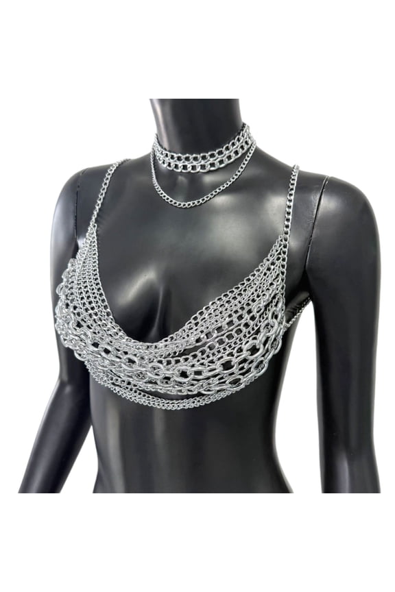 Metallic Chest Chain Body Jewelry Cool Punk Theme Necklace For Concerts Rave Outfit Women Beach Wear Accessories