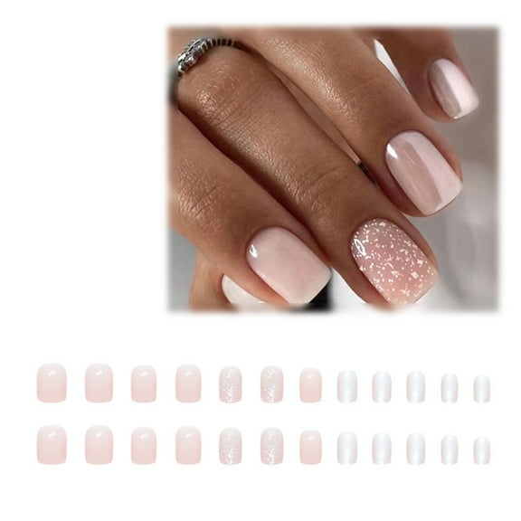 French Tip Silver Glue On Nails, Butterflies Design Glossy Long Lasting Reusable, Short Square Press On Nails Custom Fit for Women & Girls Gifts