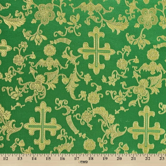 Metallic Church Cross Brocade Fabric 60" Wide 100% Polyester Sold By The Yard Many Colors (Kelly Green / Gold)