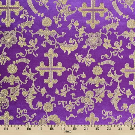 Metallic Church Cross Brocade Fabric 60" Wide 100% Polyester Sold By The Yard Many Colors (Purple / Gold)