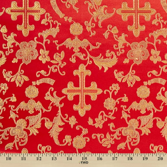 Metallic Church Cross Brocade Fabric 60" Wide 100% Polyester Sold By The Yard Many Colors (Red / Gold)