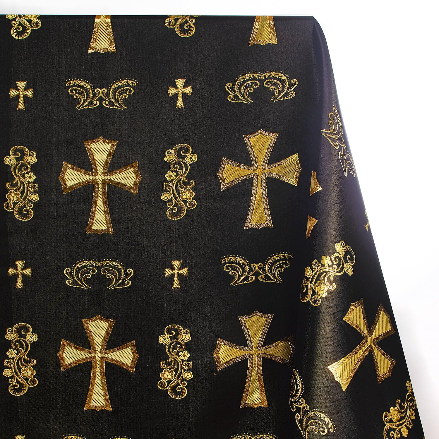 Metallic Clerical Church Cross Brocade Fabric 58/60" Wide Sold By The Yard Many Colors (Black / Gold) (5 Yard)