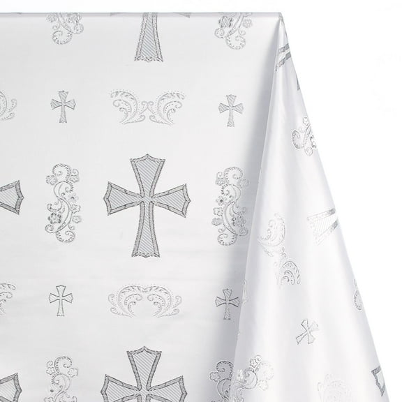 Metallic Clerical Church Cross Brocade Fabric 58/60" Wide Sold By The Yard Many Colors (White / Silver)
