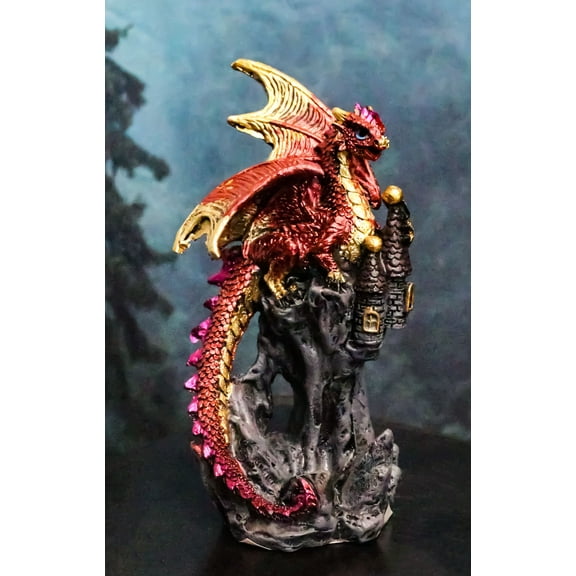 Metallic Crimson Red Dragon Guarding Castle Tower On Mountain Cliff Figurine