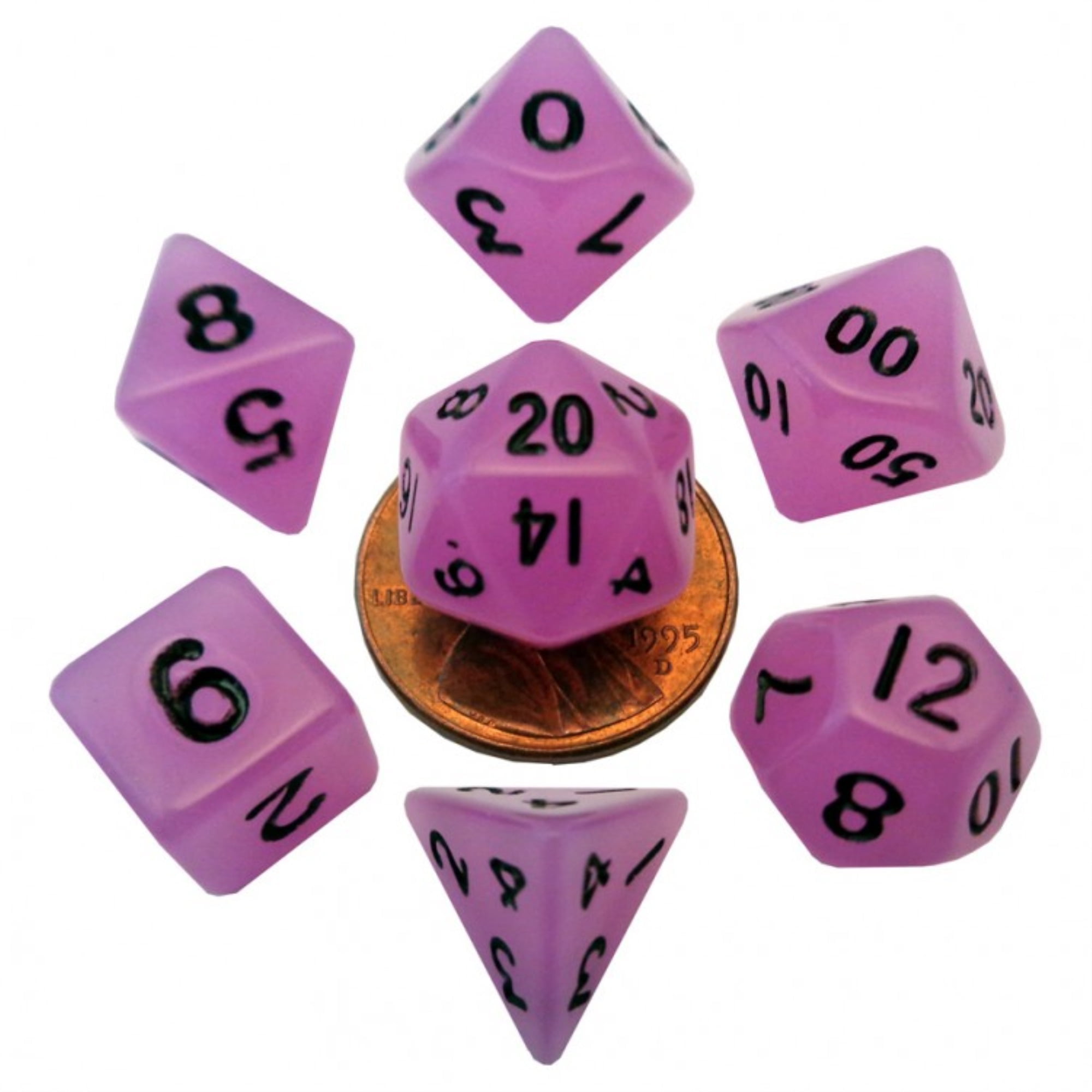 Metallic Dice Games 10 mm Metallic Mini Dice, Glow Purple with Black Numbers - Set of 7