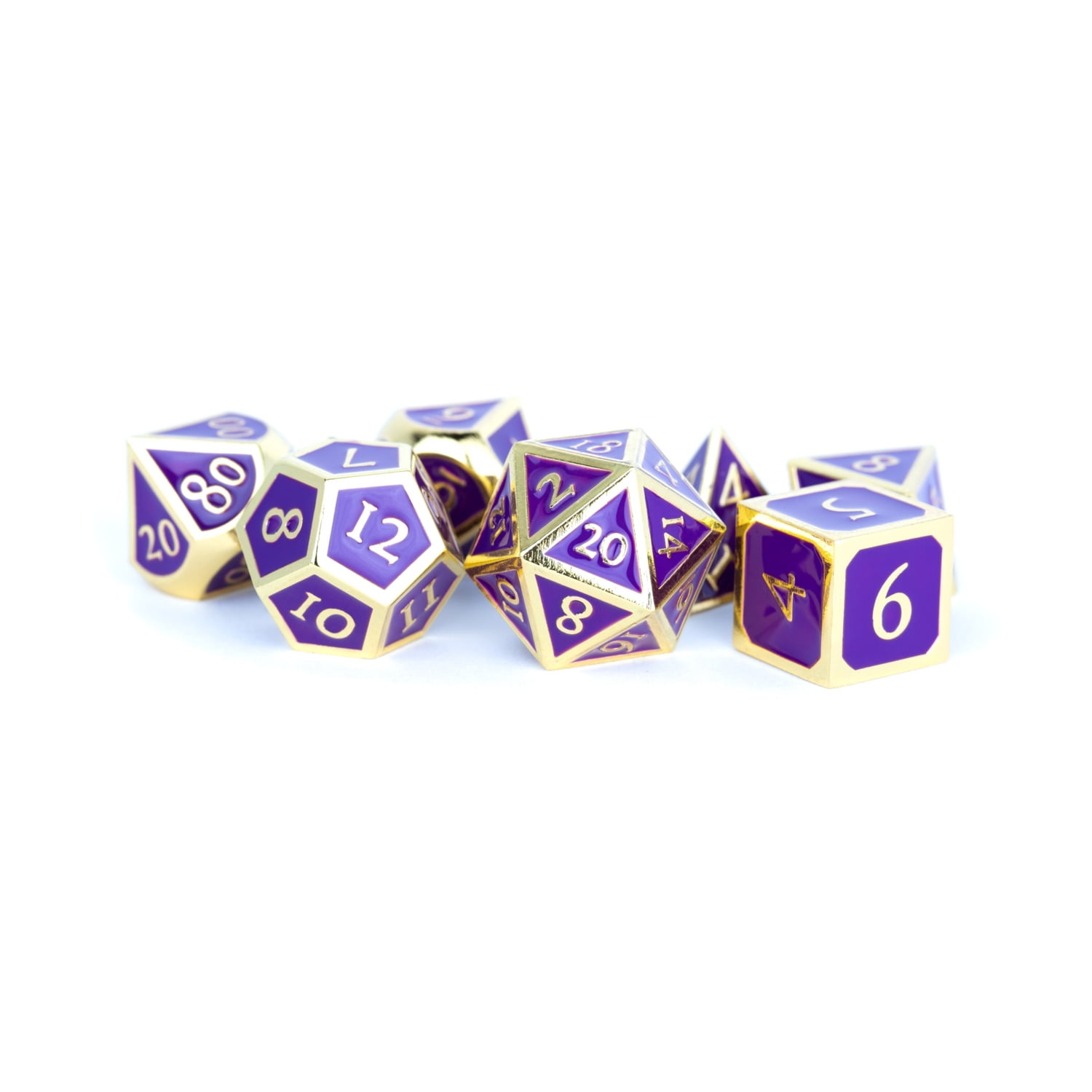 Metallic Dice Games 16 mm Metal Enamel, Board Game - Gold & Purple - Set of 7