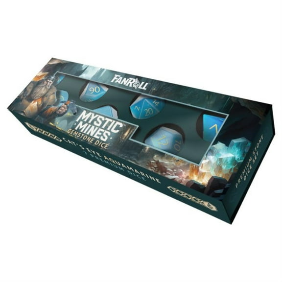 Fan Roll: Mystic Mines - Engraved Cat's Eye Aquamarine Dice Set (7)