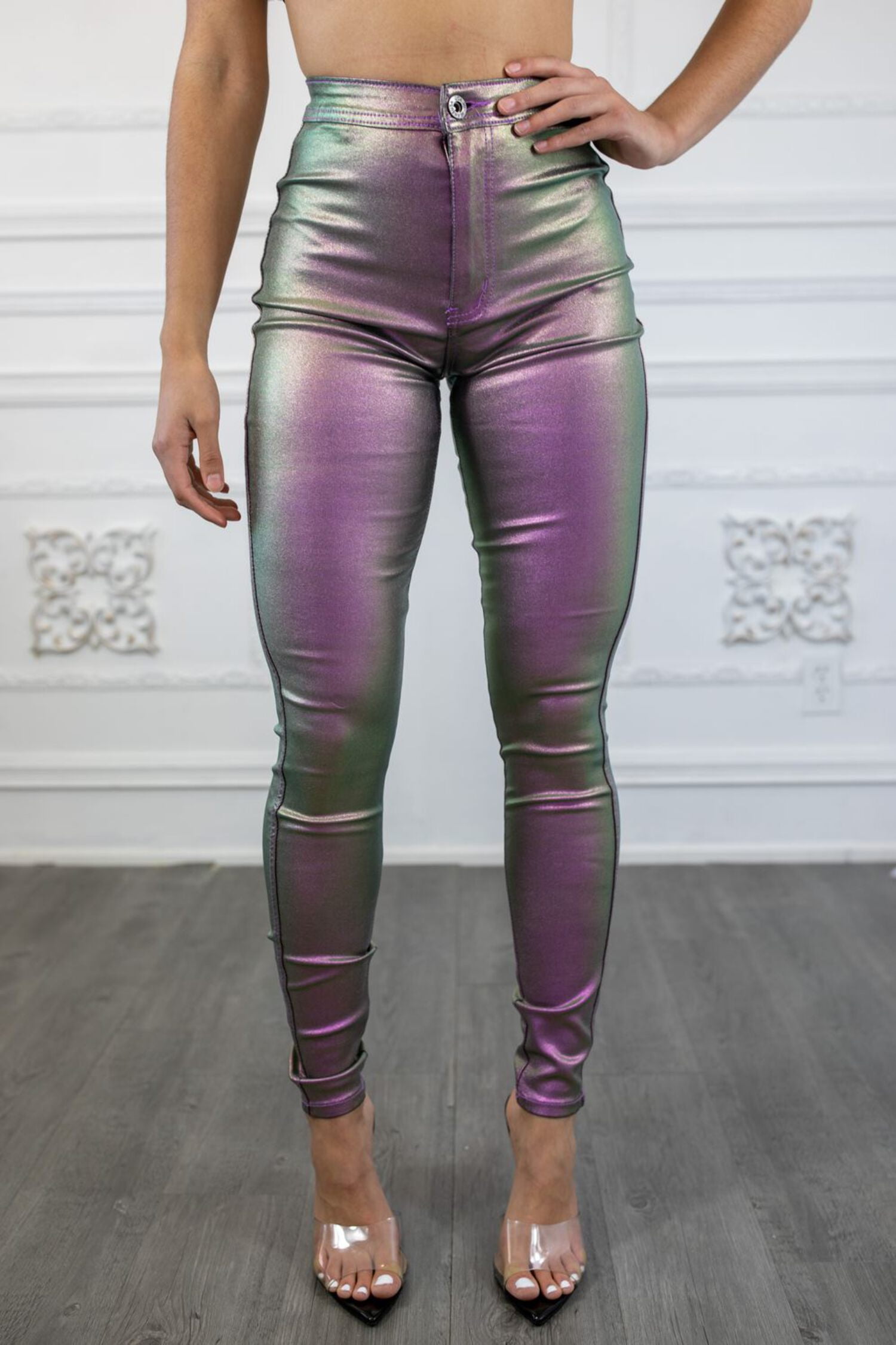 Funky Fun Design Metallic Fabric Pocket Stretch Straight Pants