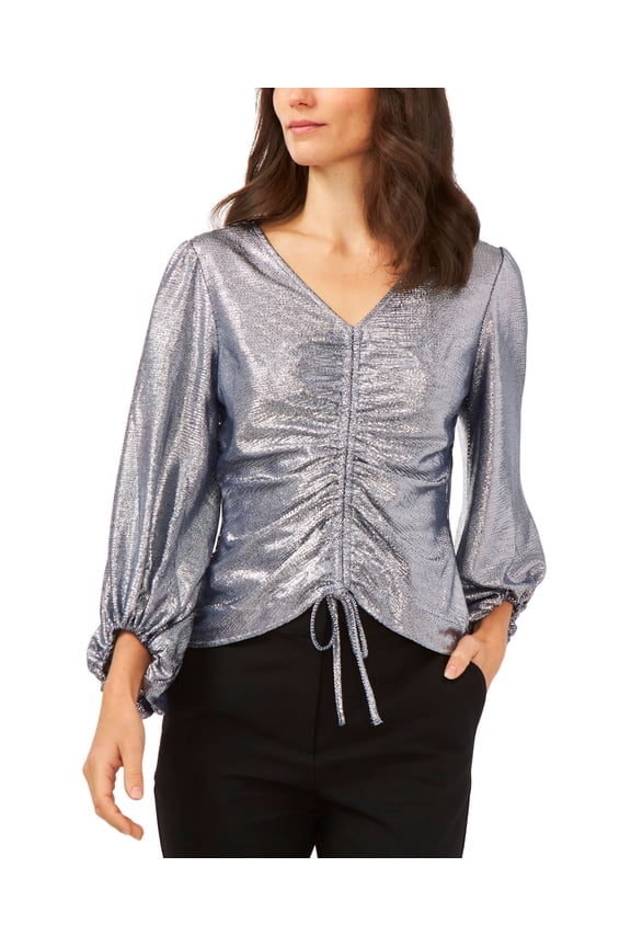Metallic Drawstring Blouse Navy Silver S