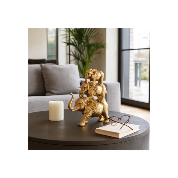 Stacked Elephant Sculpture with Raised Trunk Detail for Home Decor - Ornaments for Bathroom, Office, and Living Room Display - Figurine for Shelf or Coffee Table - 10", Gold & Metallic