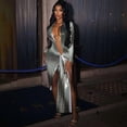 thumbnail image 1 of Metallic Evening Dress with Deep Plunge and High Slit (M, Grey), 1 of 7