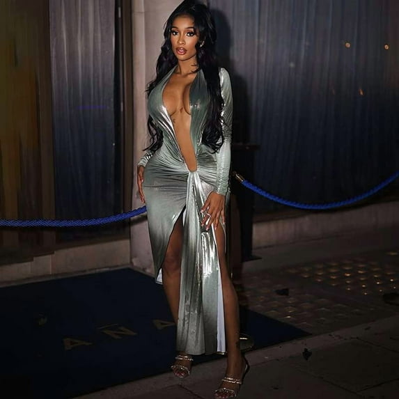 Metallic Evening Dress with Deep Plunge and High Slit (M, Grey)