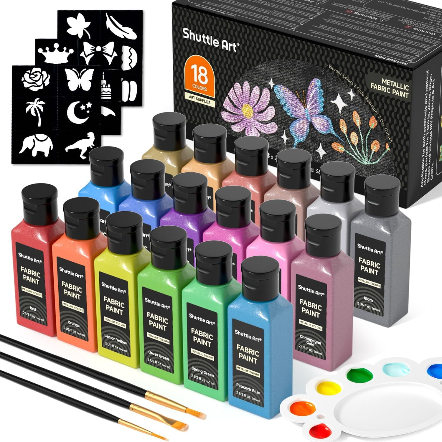 Metallic Fabric Paint,  18 Metallic Colors Permanent Soft Fabric Paint in Bottles (60ml/2oz) with Brush and Stencils, Non-Toxic Textile Paint for T-shirts, Shoes, Jeans, Bags & DIY Projects
