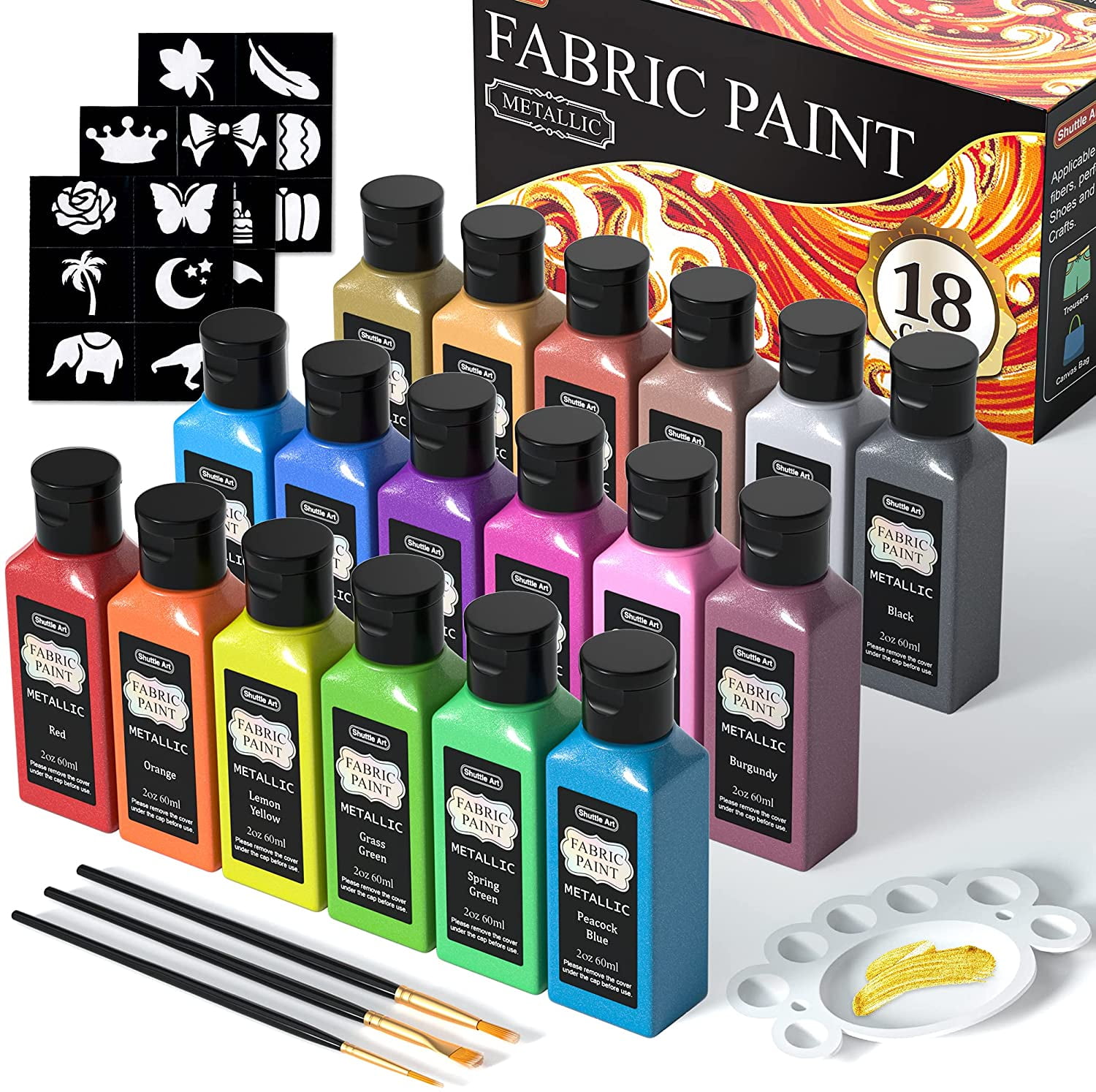 Metallic Fabric Paint, Shuttle Art 18 Metallic Colors Permanent Soft Fabric  Paint in Bottles (60ml/2oz) with Brush and Stencils, Non-Toxic Textile Paint  for T-shirts, Shoes, Jeans, Bags & DIY Projects 