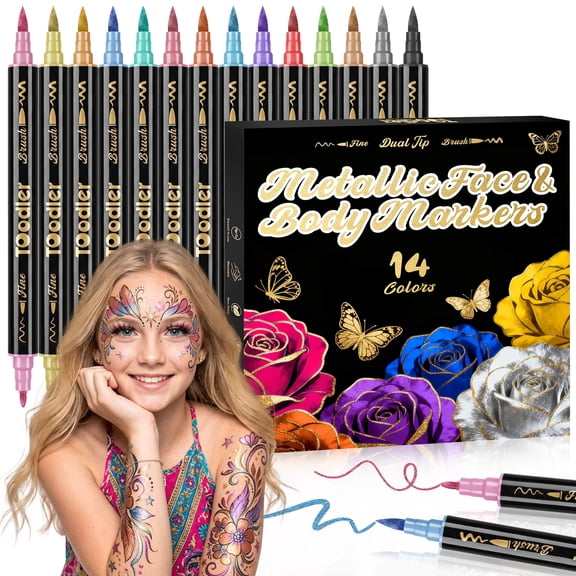 Metallic Face Paint Markers 14 Colors, Dual Tip Temporary Tattoo Markers for Skin, Athena Face Paint Body Makeup for Halloween Party Favors Festival Trendy Stuff Gifts
