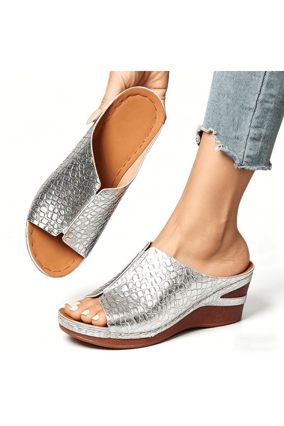 Metallic Faux Leather Wedge Sandals for Women, Open Toe Slip On Platform Slides