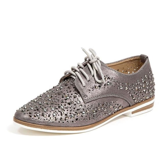 Metallic Flat Oxford Shoes with Laser Cutouts, Pewter - Size 37