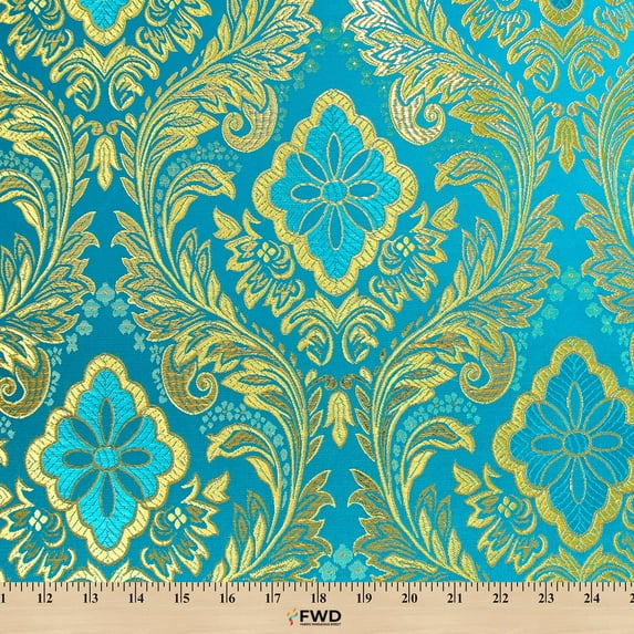 Metallic Floral Brocade Fabric 60" By Yard in Red Gold White Purple Blue Green (Turquoise / Gold)