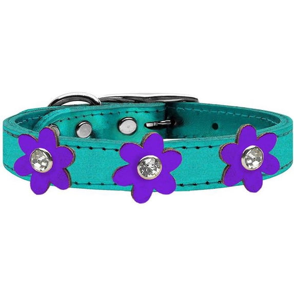 Metallic Flower Leather Collar, Metallic Turquoise with Metallic Purple Flowers - Size 26