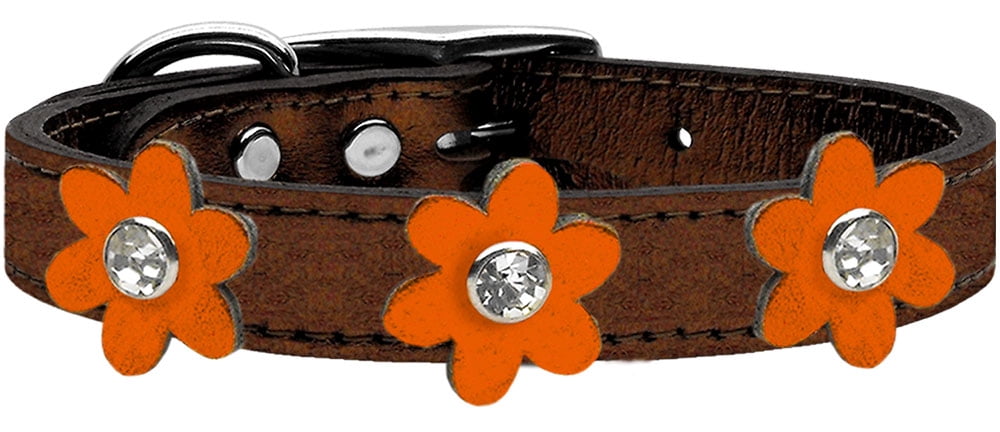 Metallic Flower Leather Collar With Metallic Flowers Size Bronze Orange 26