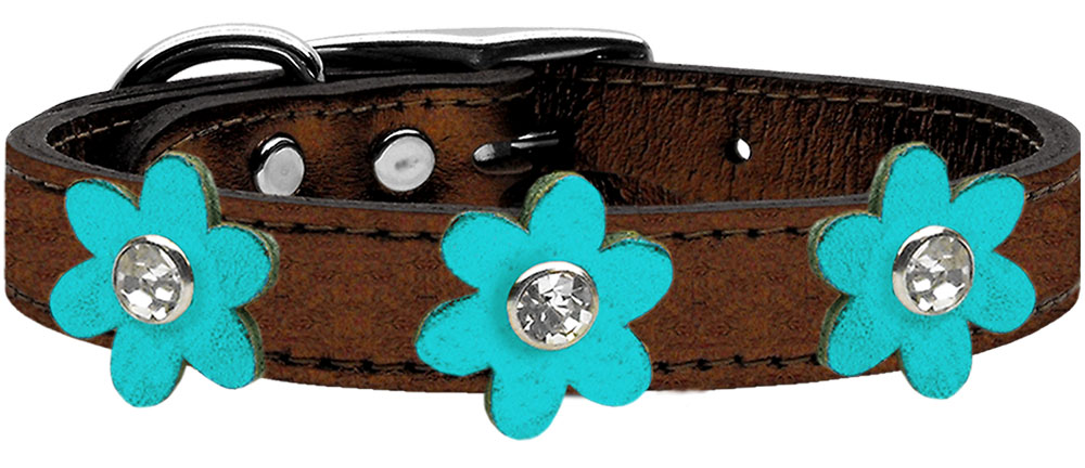 Metallic Flower Leather Collar With Metallic Flowers Size Bronze Turquoise 24