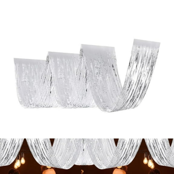 Silver Metallic Foil Fringe Ceiling Decoration for Holiday,Metallic Foil Ceiling Fringe Curtains,Portable Backdrop Decorations for Birthday,Home,4Pack
