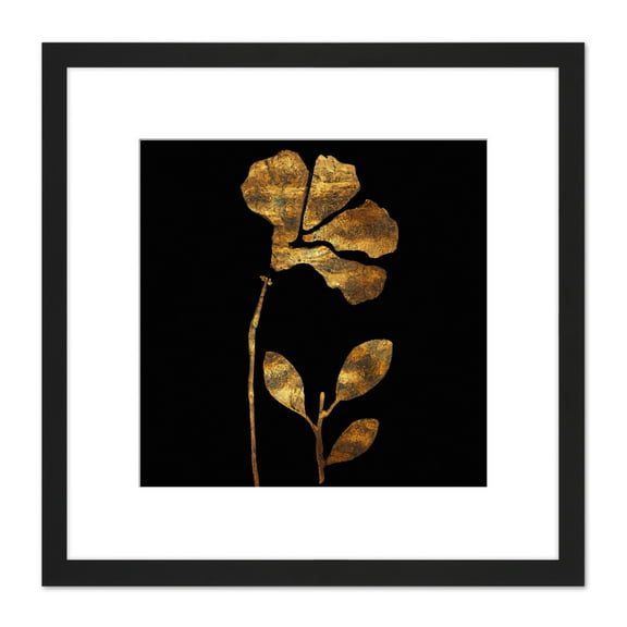 Metallic Foil Effect Style Copper Gold Flowers Botanical Black Painting Square Wooden Framed Wall Art Print Picture 8X8 Inch