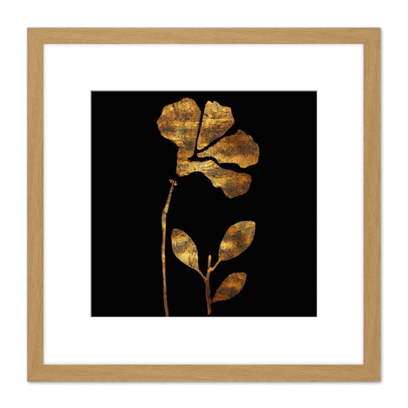Metallic Foil Effect Style Copper Gold Flowers Botanical Black Painting Square Wooden Framed Wall Art Print Picture 8X8 Inch
