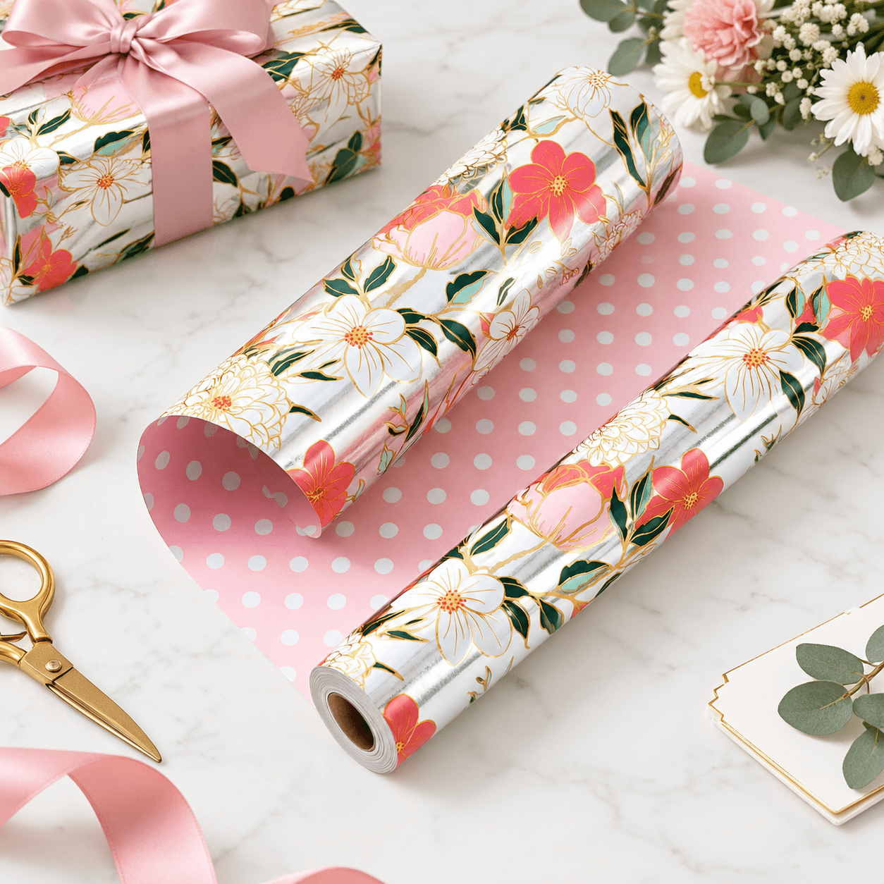 Metallic Foil Floral Gift Wrap Paper Roll, 17 Inch X 33 Feet ...