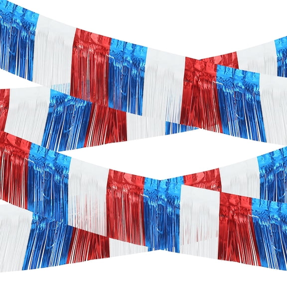 Metallic Foil Fringe Garland 4 Pack 10 Feet, Glittery Streamers Backdrop for Parade Float Christmas Mardi Gras Party Decor, Royal Blue Red White