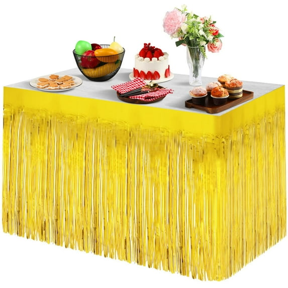 Metallic Foil Fringe Table Skirt, 108 X 29 inch Tinsel Table Skirt for Baby Showers Wedding Birthday Party(Gold)