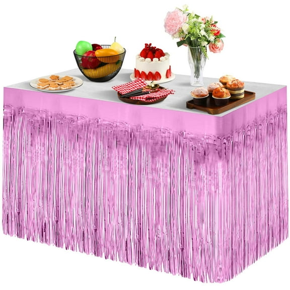 Metallic Foil Fringe Table Skirt, 108 X 29 inch Tinsel Table Skirt for Baby Showers Wedding Birthday Party(Pink)
