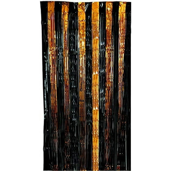 Metallic Fringe Foil Curtain Backdrop for Weddings, Birthdays, Special Occasions (Orange and Black Mixed, 1 Pack)