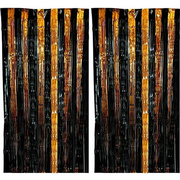 Metallic Fringe Foil Curtain Backdrop for Weddings, Birthdays, Special Occasions (Orange and Black Mixed, 2 Pack)