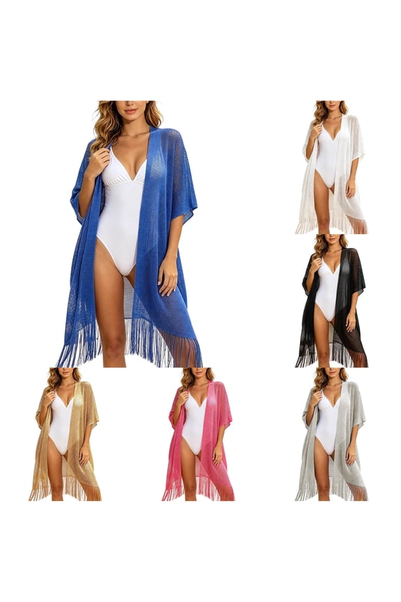 Metallic Fringe Shawl Wrap Elegant Beach Cover Up Resort Sun Kimono Cardigan Women Wraps And Shawls
