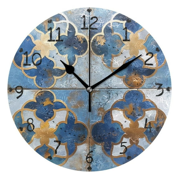 Metallic Geo Moroccan Abstract Art Round Wall Clock Silent Analog Battery Operated Black Pointer Home Decor 9.84" Diameter