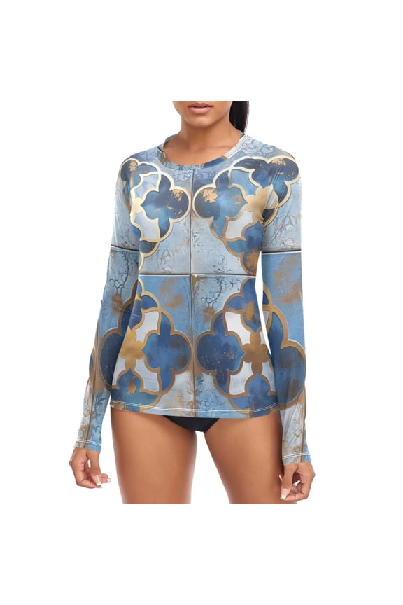 Metallic Geo Moroccan Abstract Art Women's Rash Guard Shirts UPF 50+ Sun Protection Clothing Long Sleeve Swim Suits L