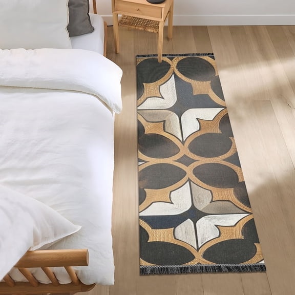 Metallic Geo Moroccan Tile Foil Print Bedside Runner Rug 2'x 6' Non Slip Carpet Floor Mat Area Rug