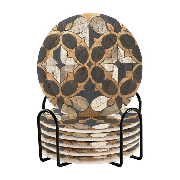 Metallic Geo Moroccan Tile Foil Print Drinking Coasters Cup Mat with Holder for Kitchen Cafe Bar 6 Packs