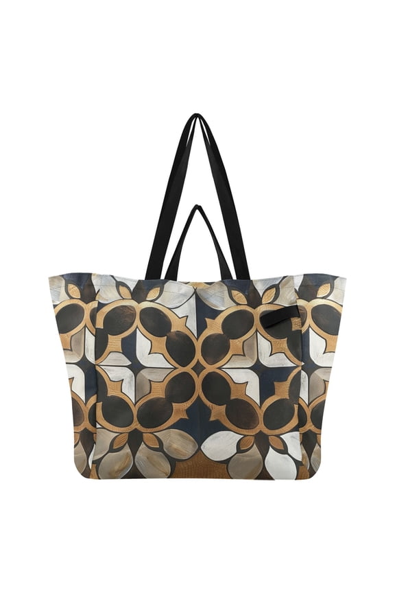 Metallic Geo Moroccan Tile Foil Print Foldable Canvas Tote Bags Reusable Grocery Bags Laundry Bags Beach Bag 32L