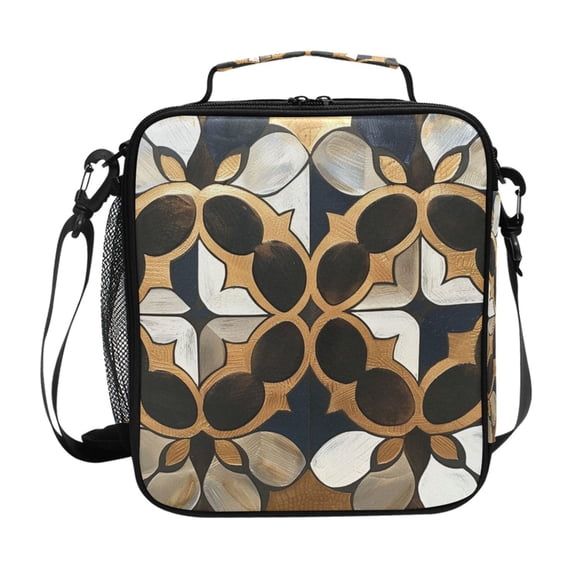 Metallic Geo Moroccan Tile Foil Print Insulated Lunch Bag Reusable Lunch Box Lunch Container with Straps