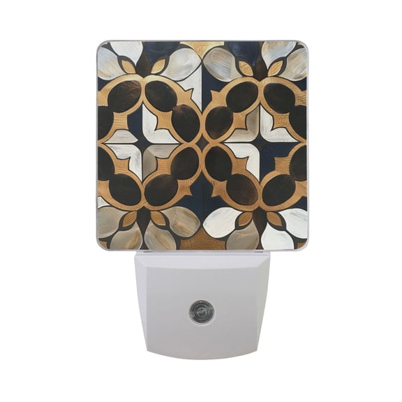 Metallic Geo Moroccan Tile Foil Print LED Night Light with Smart Sensor Plug Into Wall Dusk to Dawn 2 packs