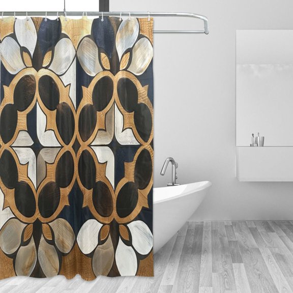 Metallic Geo Moroccan Tile Foil Print Shower Curtains with 12 Hooks Waterproof Bathroom Decor 66" x 72"